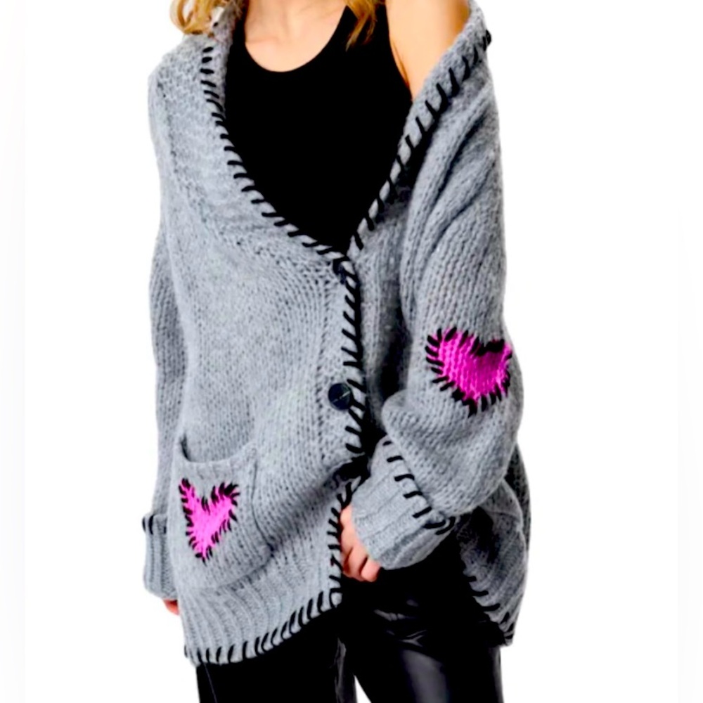 John + Jenn Gray Cardigan with Pink Heart Patches